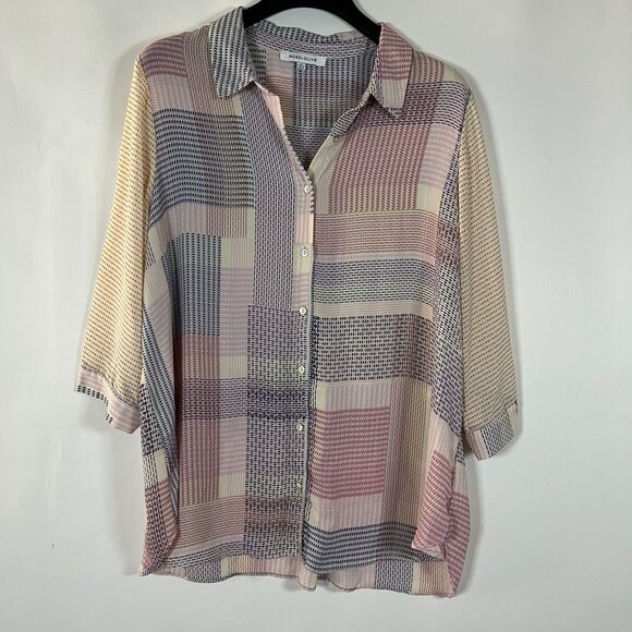 Rose & Olive Button Up Shirt 1X Geometric Pastel 3/4 Sleeve Work‎ Semi Sheer - Picture 2 of 10